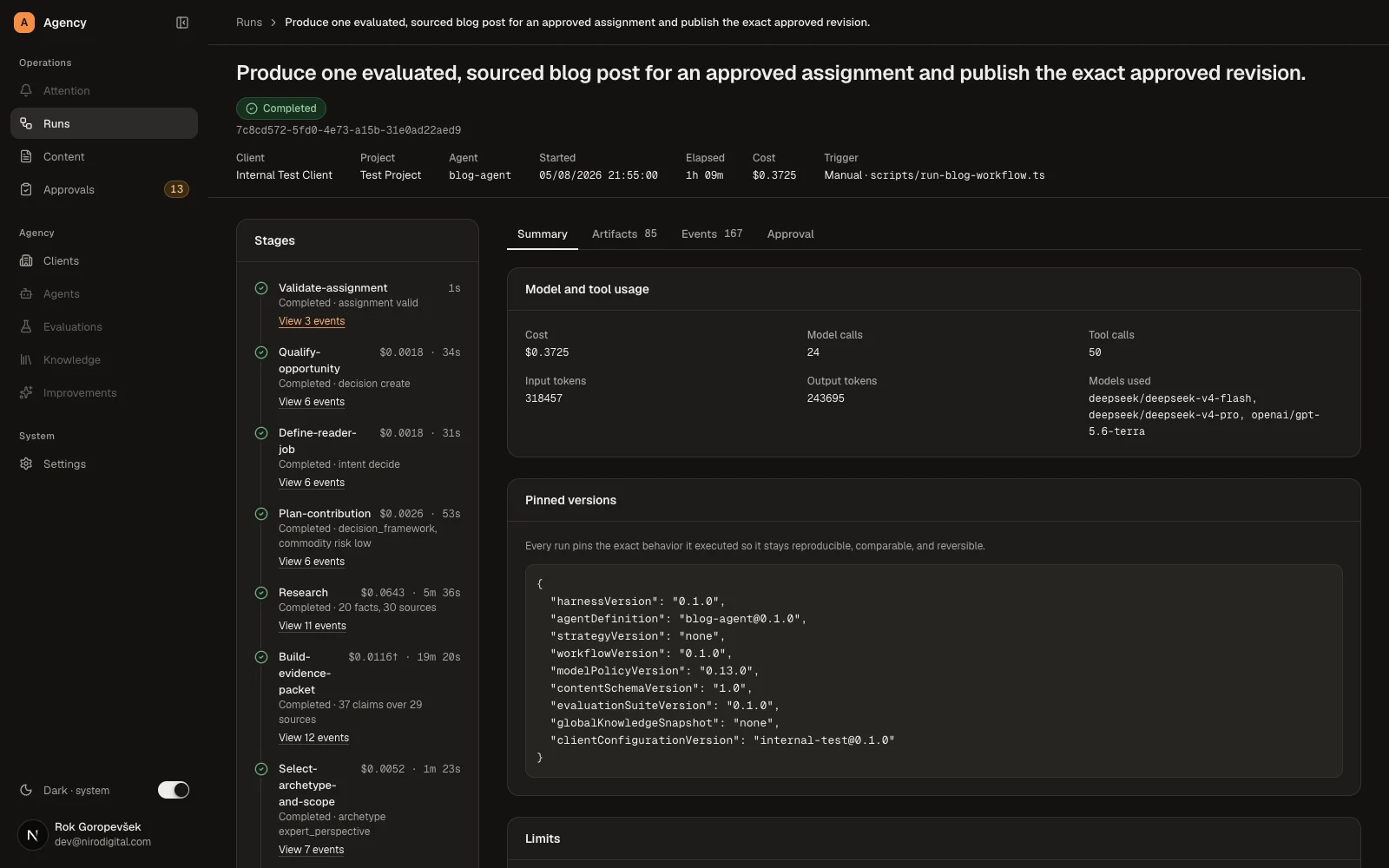 Agent Agency control plane — a completed agent run with stage timeline, per-stage costs, and pinned versions