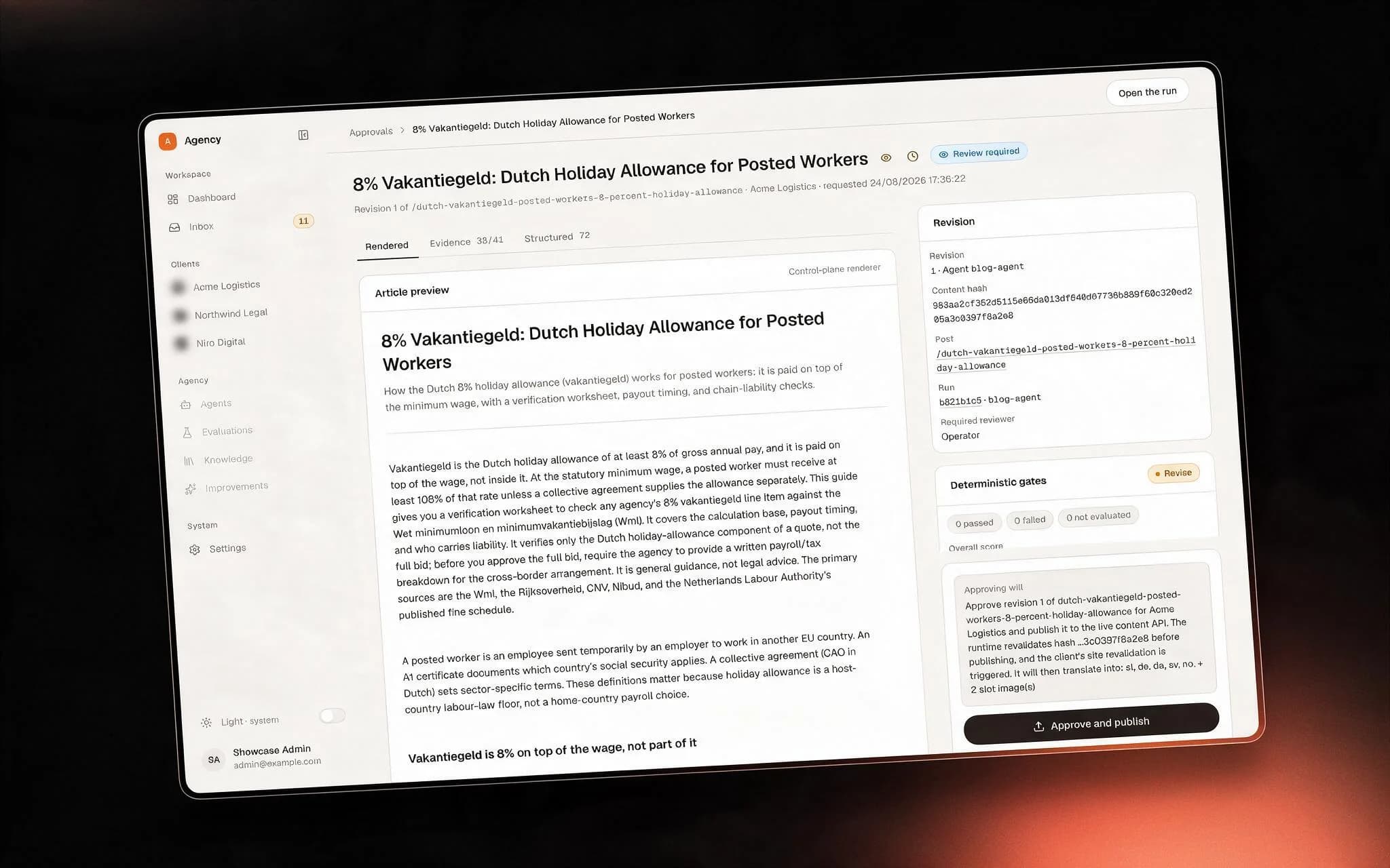 An approval screen — article preview, evidence and structured tabs, content hash, revision and required reviewer