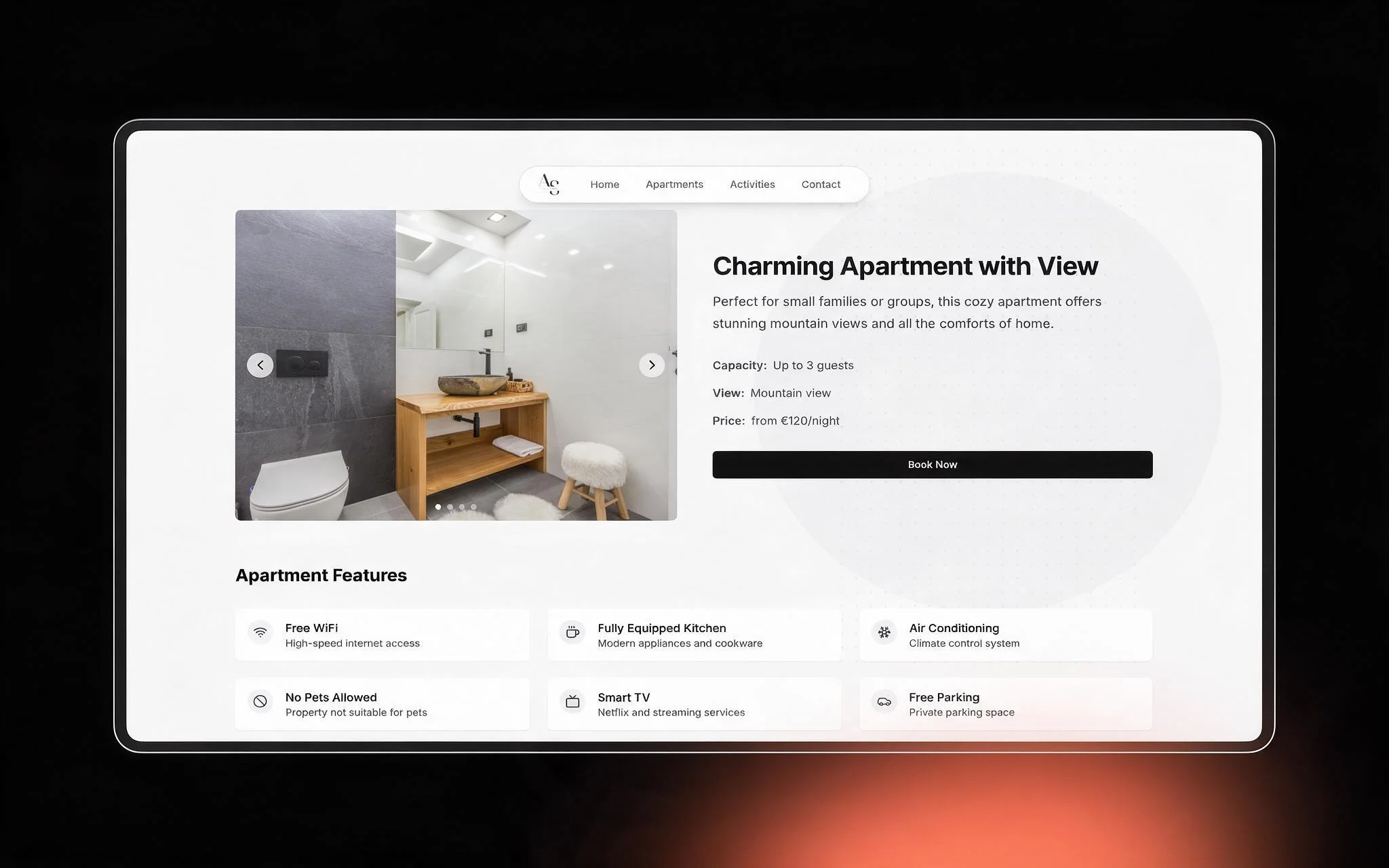 AS Apartments apartment detail page — image slider, capacity, view, price and feature grid