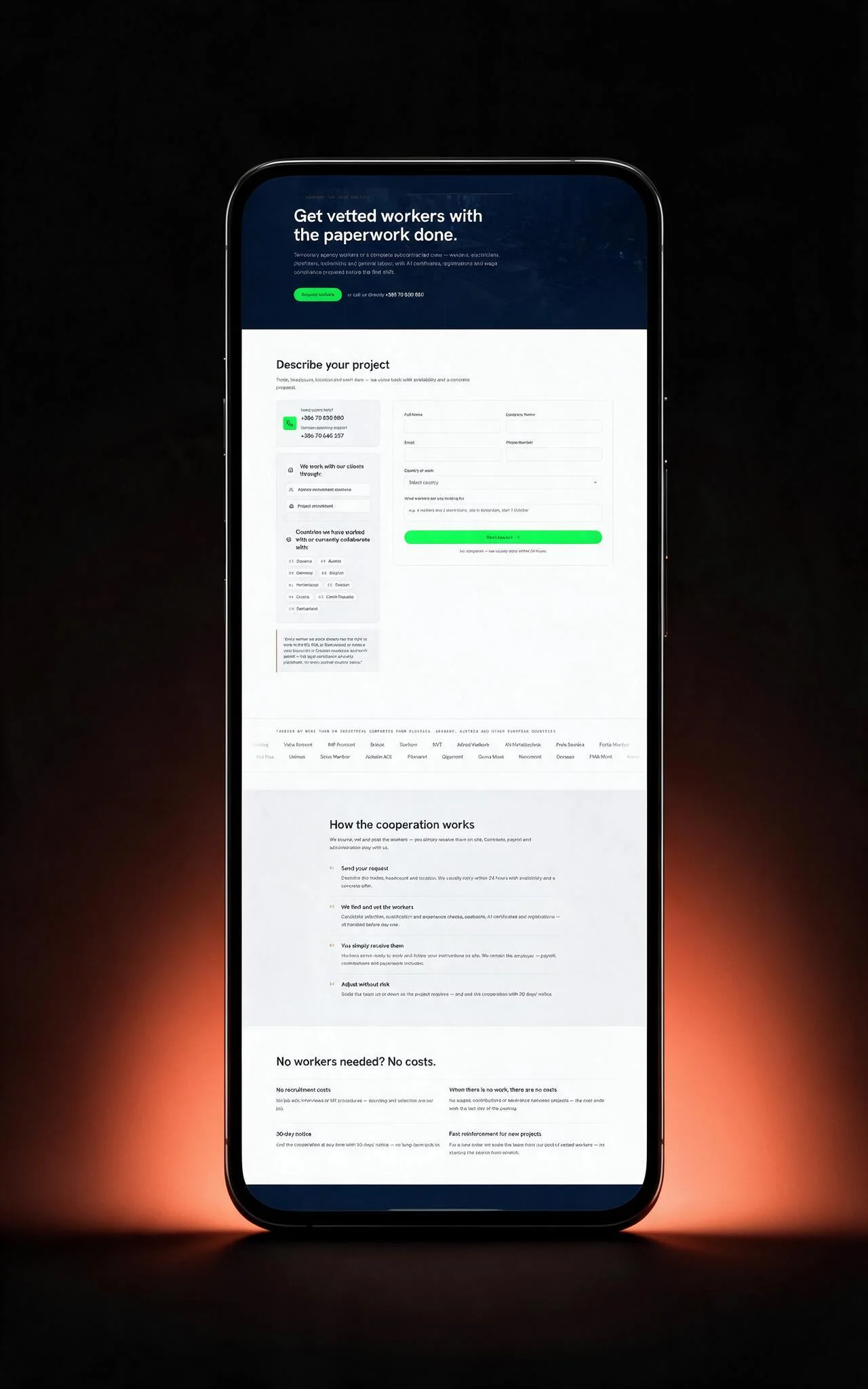 The Evroproces employer page on a phone — request form, how the cooperation works, no-workers-no-costs terms