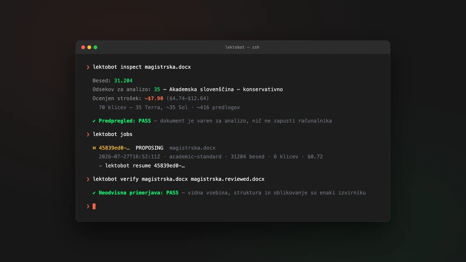 Lektobot inspect, jobs, and verify commands — cost estimate before running, resumable jobs, independent verification