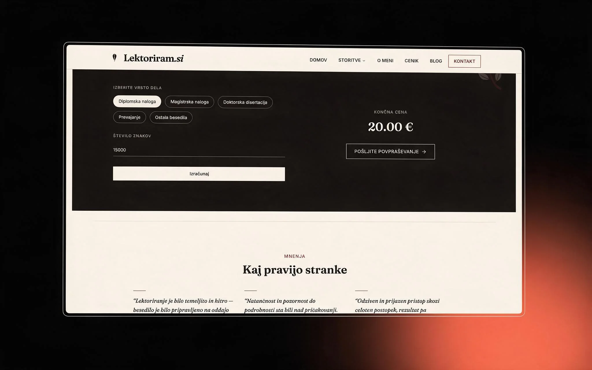 Lektoriram price calculator — text type, character count and the resulting quote