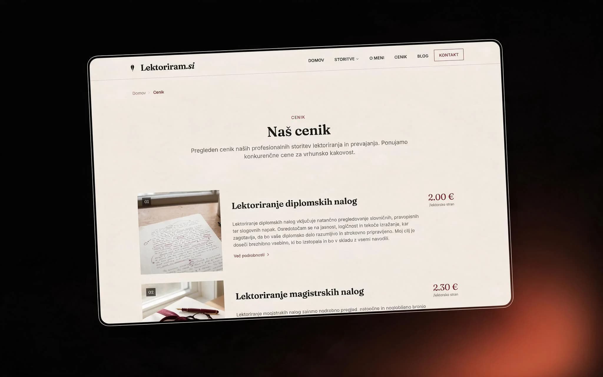 Lektoriram price list page with the published per-page rate for each service