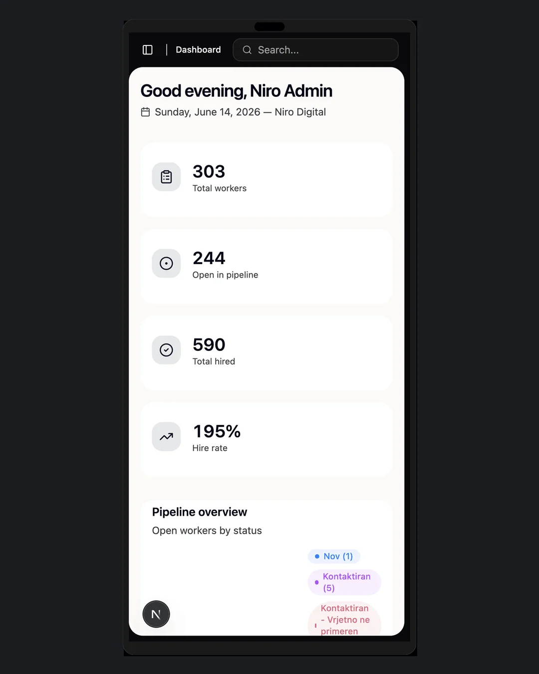 Recruitemy mobile dashboard — recruiting CRM on a phone