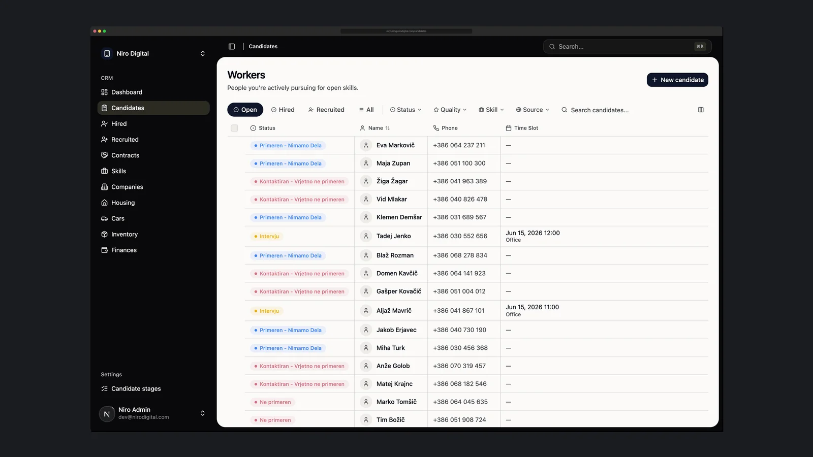 Recruitemy applicant tracking — worker pipeline with status, quality, skill and source filters