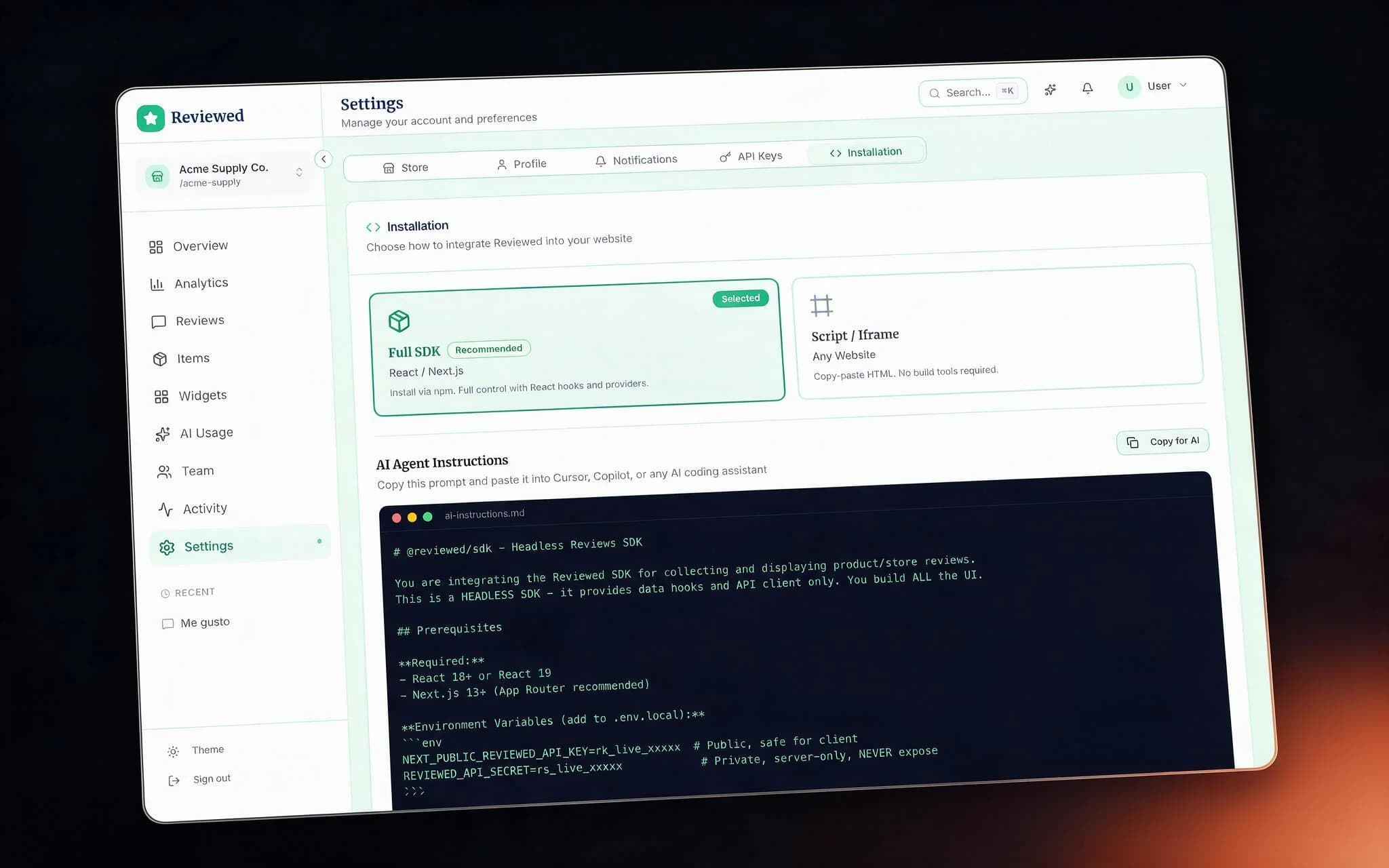 Reviewed installation tab - Full SDK versus script embed, with copy-paste AI agent instructions