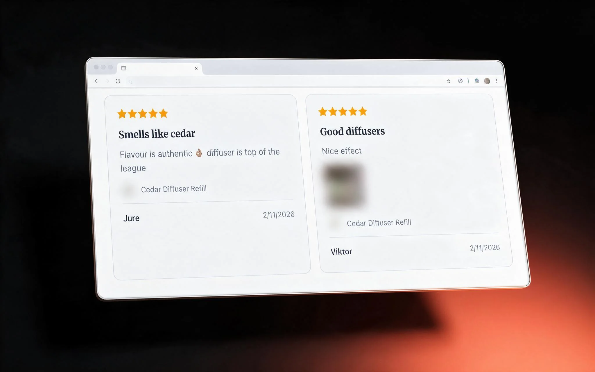 The Reviewed review-wall widget embedded on a customer site, rendering rating, title, body and item