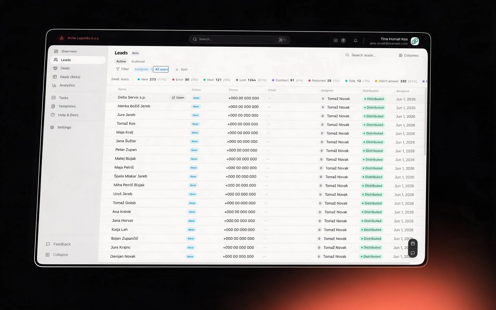 Sales CRM leads table with pipeline status chips, assignee filter and distribution state per lead