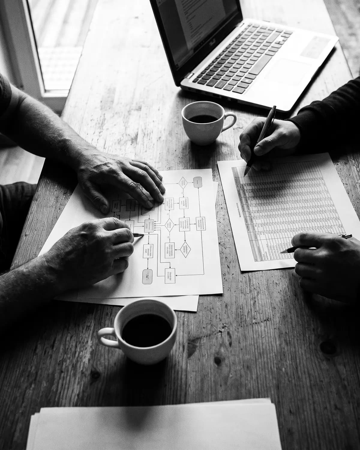 Two people at a wooden table in a first working session: hands tracing a printed workflow map beside a spreadsheet printout, a laptop and two cups of coffee